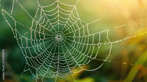  a close up of a spider web with dew drops on it's spider's web, in front of a blurry background of green grass and yellow flowers.