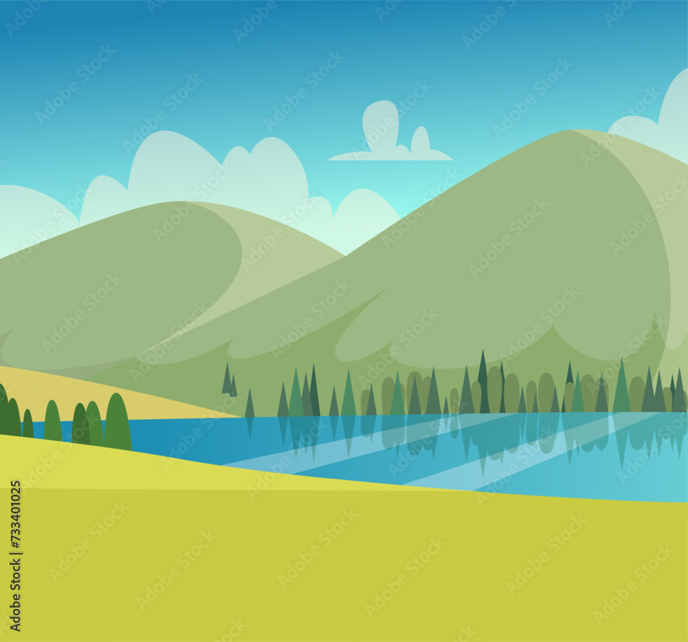 Outdoor lake landscape with hills Vector background in cartoon style