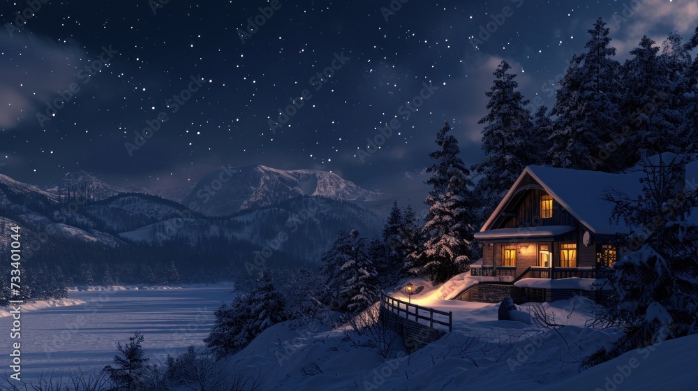  a night scene of a cabin on a snowy mountain with a lake and mountains in the foreground and stars in the sky over the top of the mountain range.