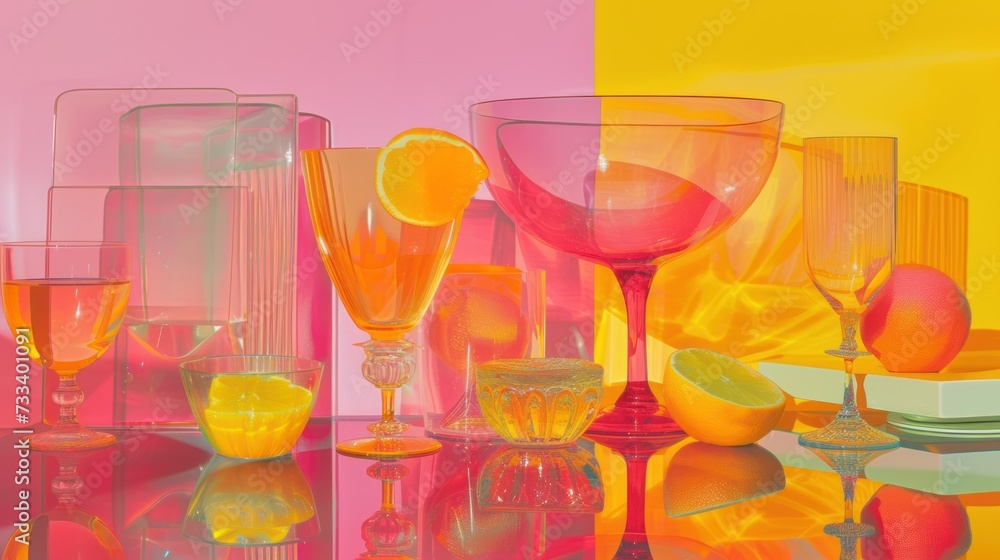  a table topped with lots of glasses filled with oranges and lemons next to a yellow and pink wall and a plate with a slice of lemon on it.