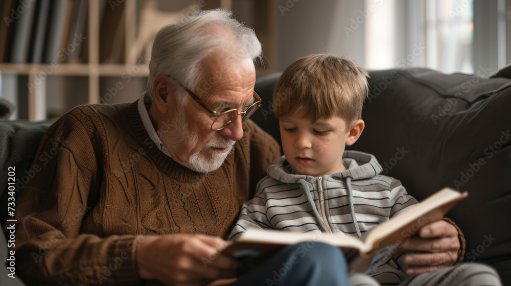 grandfather and his grandson are reading a book together