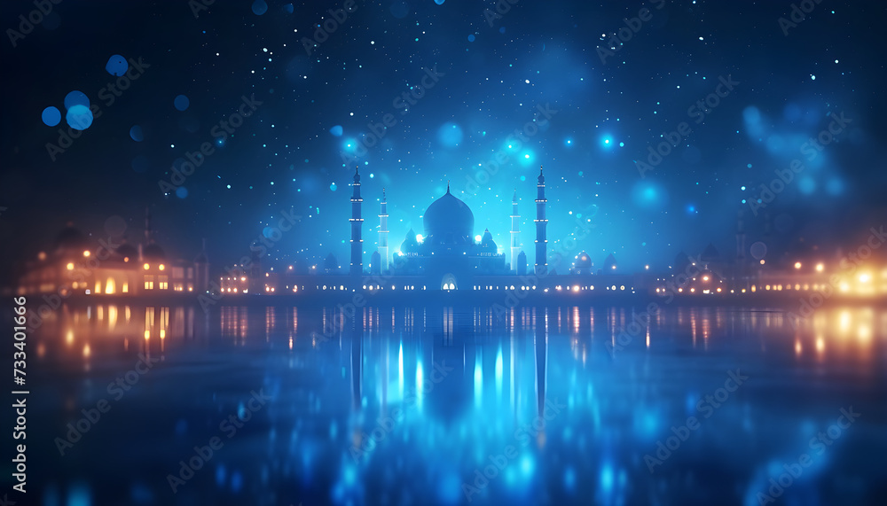Luxurious Ramadan background with a mosque, star, and bokeh in blue color tone, perfect for Ramadan celebration posters or social media posts.
