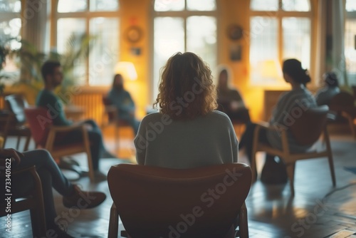 People sitting in chairs with therapists, in the style of loose gestures