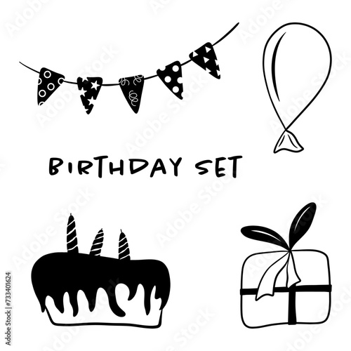 Birthday black and white icons set
