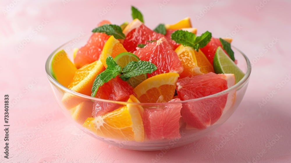 a bowl of cut up grapefruits, oranges, limes, and limes on a pink surface with a mint leafy green garnish. a bowl of cut up grapefruits, oranges, limes, and limes on a pink surface with a mint leafy green garnish.
