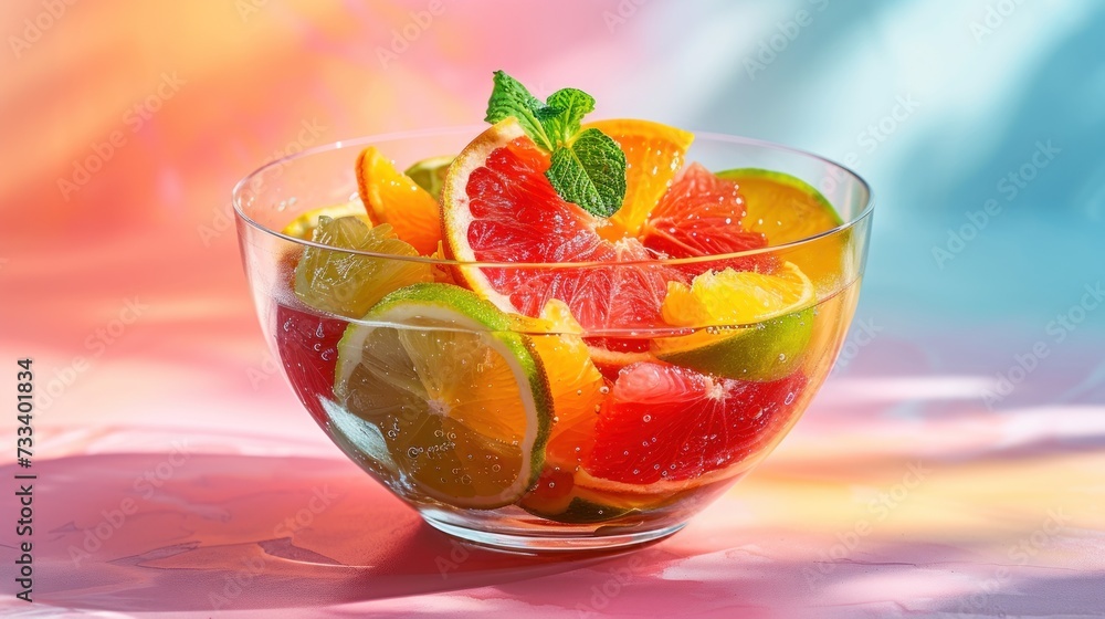  a close up of a bowl of fruit with oranges, limes, and grapefruit on a pink and blue background with a green leaf on top.
