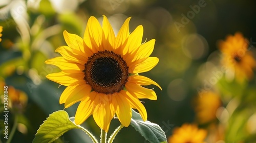  a close up of a sunflower in a field of sunflowers with green leaves in the foreground and a blurry background of trees in the background. © Anna
