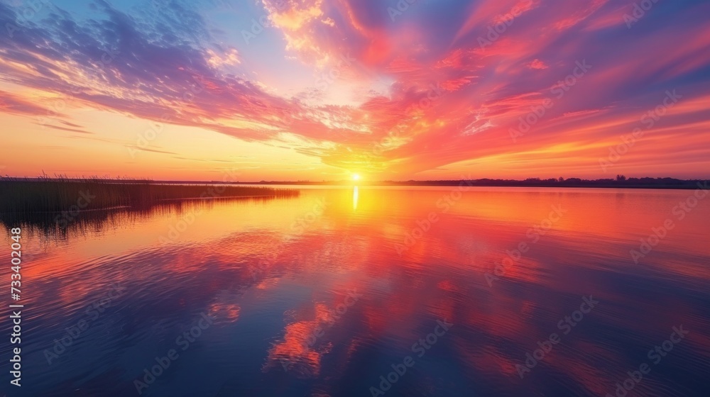 A picturesque sunset over a tranquil lake, with vibrant colors painting the sky and reflecting off the water