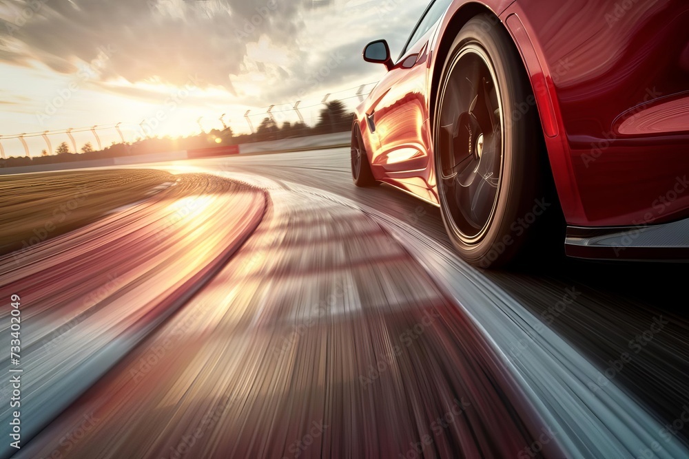 Dynamic shot of a sports car speeding around a racetrack Showcasing the vehicle's sleek design and performance capabilities against a blurred motion background