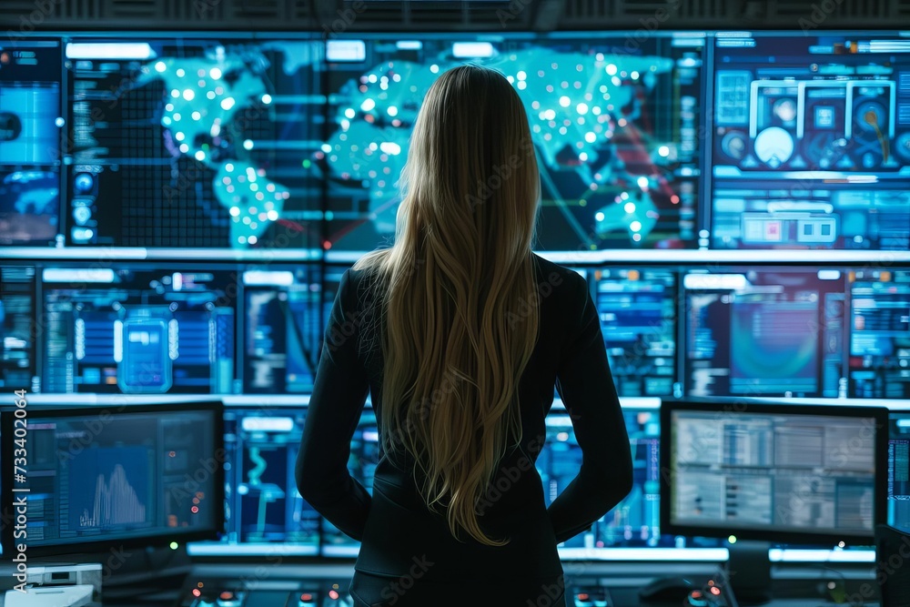 Woman cybersecurity expert in a high-tech office monitoring network security on multiple screens Engaged in preventing cyber attacks with advanced software tools Woman cybersecurity expert in a high-tech office monitoring network security on multiple screens Engaged in preventing cyber attacks with advanced software tools