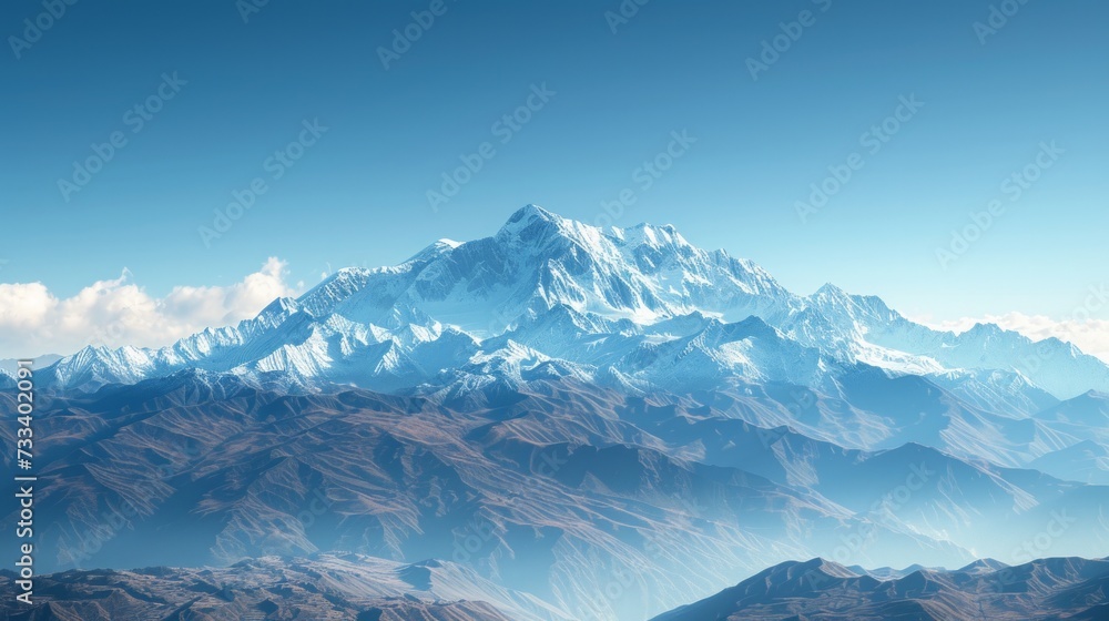 A majestic mountain range, with snow-capped peaks towering against a backdrop of clear blue skies A majestic mountain range, with snow-capped peaks towering against a backdrop of clear blue skies