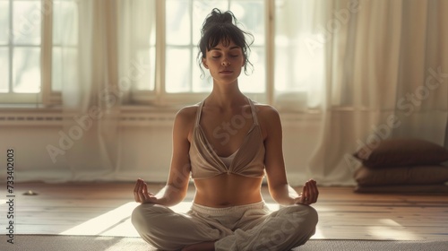 A serene yoga practitioner in a peaceful studio, embodying mindfulness and tr...