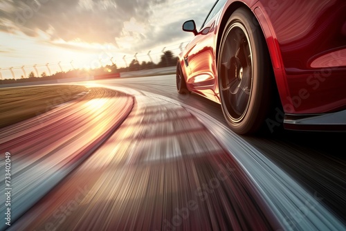 Dynamic shot of a sports car speeding around a racetrack Showcasing the vehicle's sleek design and performance capabilities against a blurred motion background photo