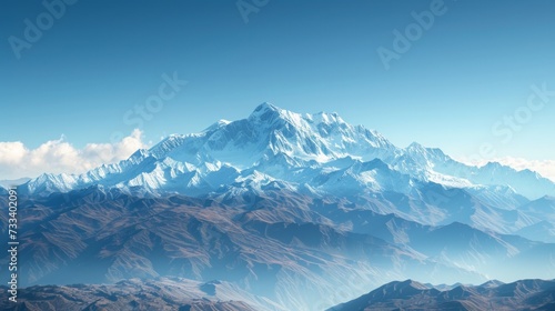A majestic mountain range, with snow-capped peaks towering against a backdrop...