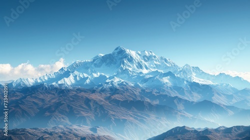 A majestic mountain range, with snow-capped peaks towering against a backdrop of clear blue skies