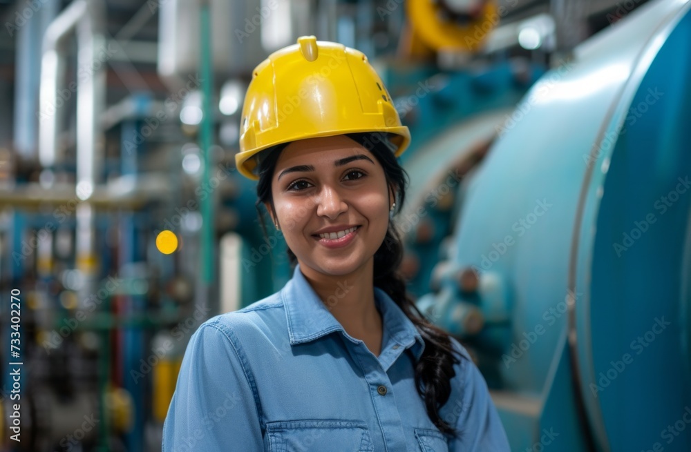 a smiling young engineer dressed in a safety helmet and hard hat in a city boiler plant a smiling young engineer dressed in a safety helmet and hard hat in a city boiler plant