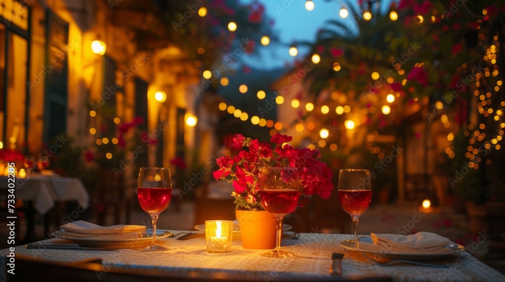 A romantic dinner setting on a candlelit terrace, with a table adorned with flowers and fine dining cuisine