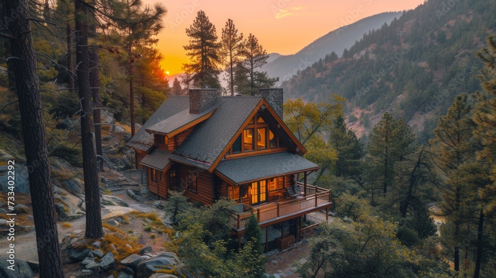 A serene mountain cabin nestled among tall pines, offering a peaceful retreat from the chaos of everyday life A serene mountain cabin nestled among tall pines, offering a peaceful retreat from the chaos of everyday life