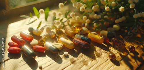 a selection of natural and health supplements on a wooden background