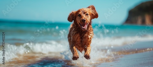 A lively Water Dog runs towards the camera, with the beautiful sea in the background. photo