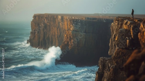 A serene coastal cliff, with a person standing against a backdrop of rugged rocks and crashing waves below