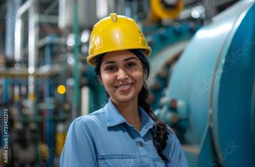 a smiling young engineer dressed in a safety helmet and hard hat in a city boiler plant