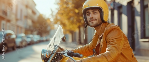 a man holding a helmet on a yellow motorcycle, in the style of advertisement inspired, yellow and orange © olegganko