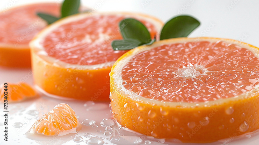 Fresh grapefruit slices with water droplets
