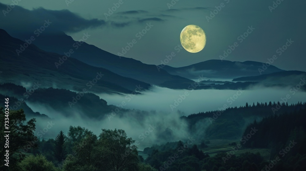 a full moon rising over a mountain range with trees in the foreground and fog in the foreground, with low lying clouds in the foreground, and low lying clouds in the foreground. a full moon rising over a mountain range with trees in the foreground and fog in the foreground, with low lying clouds in the foreground, and low lying clouds in the foreground.