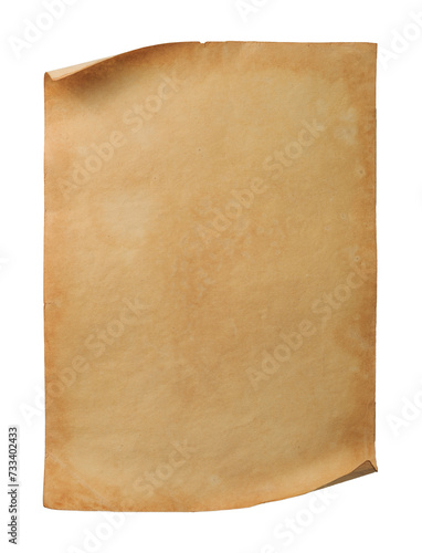 Ancient paper scroll isolated on a white background. Old manuscript with torn edges.