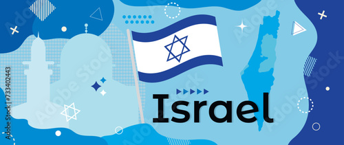 State of Israel holiday banner with national flag, country map and Jerusalem landmark silhouettes. Modern retro design with minimalist geometric shapes and memphis style elements
