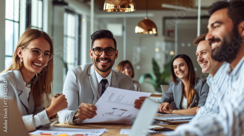 group of diverse professionals engaging in a collaborative and lively discussion around a table in an office setting