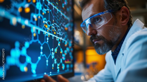A scientist viewing a complex molecular structure on a computer screen, the b...