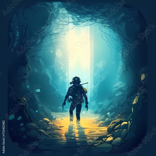 Mysterious Adventurer Emerging from a Dark Cave into Light