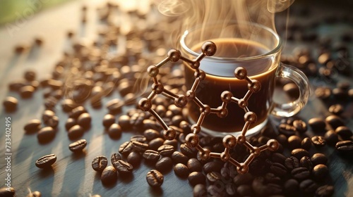 the caffeine molecule with its distinct nitrogen and carbon rings. with a backdrop of a steaming cup of coffee to symbolize its common source and effect.
