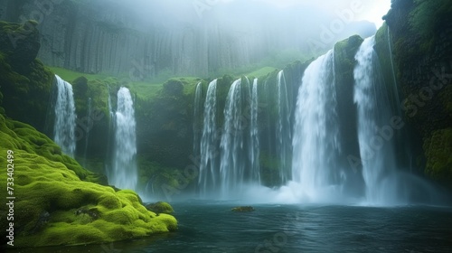 A majestic waterfall cascading down moss-covered rocks, capturing the raw power and beauty of nature