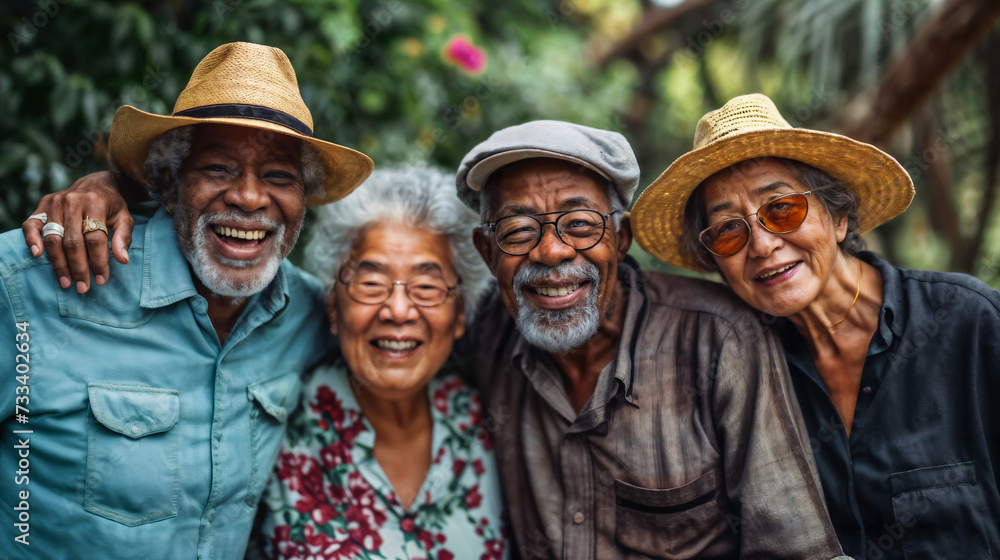 Joyful Senior Friends in Hats Outdoors. Generative AI