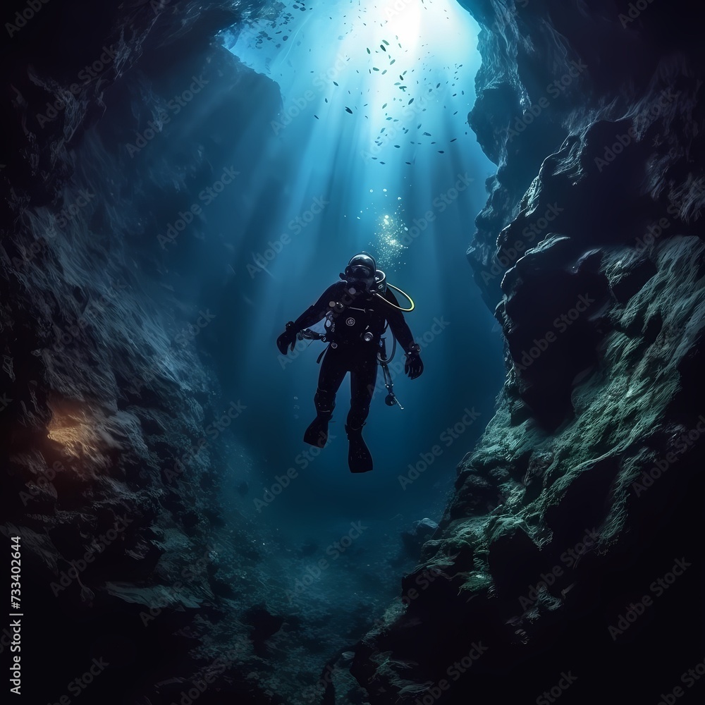 Solo Scuba Diver Exploring the Serenity of an Underwater Cave