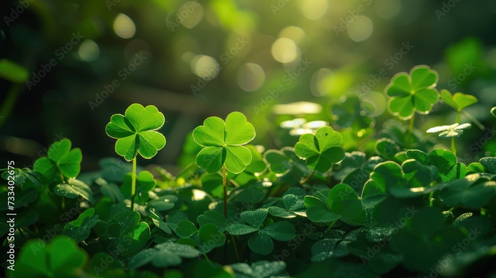 a group of four leaf clovers sitting on top of a green patch of grass in the sunbeams of a forest, with a blurry background of green leaves. a group of four leaf clovers sitting on top of a green patch of grass in the sunbeams of a forest, with a blurry background of green leaves.