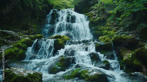 A majestic waterfall cascading down moss-covered rocks, capturing the raw pow...
