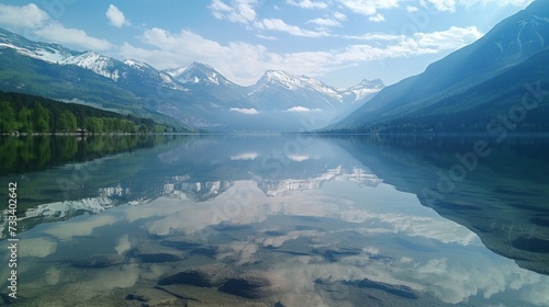 A serene mountain lake, nestled among snow-capped peaks