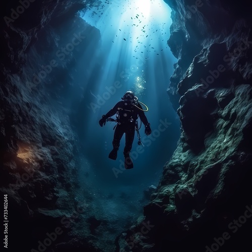 Solo Scuba Diver Exploring the Serenity of an Underwater Cave © RobertGabriel