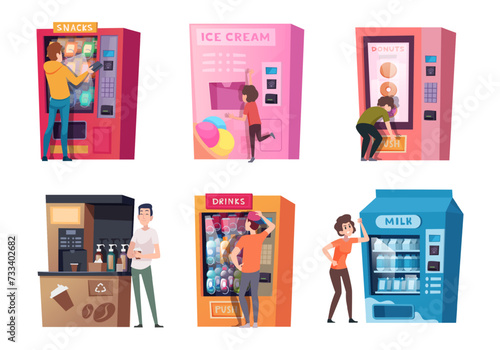 People vending machine. Characters buying snacks in vending machines self checkpoints exact vector illustrations set