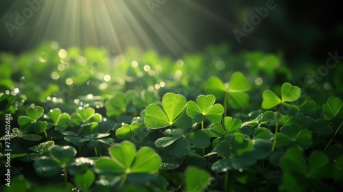  a field full of green clovers with the sun shining through the leaves on the top of one of the leaves is a bit of water droplets on the top of the leaves. © Anna