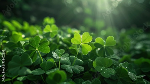  a group of four leaf clovers in a field of green grass with the sun shining through the leaves of the clovers in the foreground, with water droplets on the leaves.
