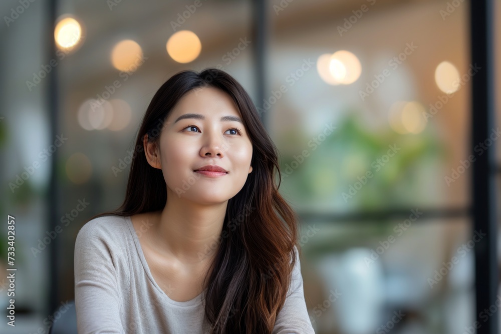 Happy Asian woman in casual clothes working in office with laptop Happy Asian woman in casual clothes working in office with laptop