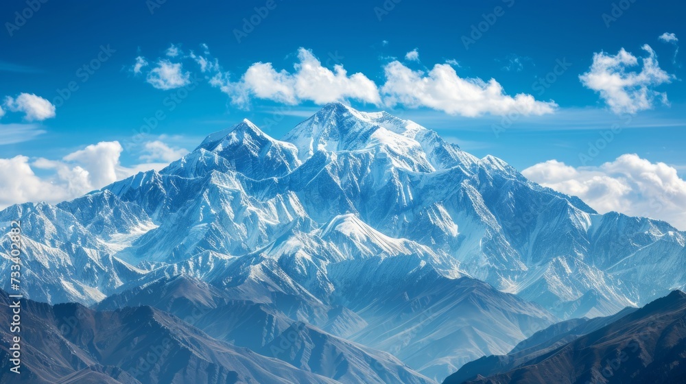 A majestic mountain range, with snow-capped peaks towering against a backdrop of clear blue skies A majestic mountain range, with snow-capped peaks towering against a backdrop of clear blue skies
