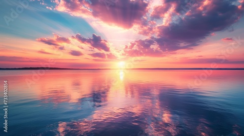 A picturesque sunset over a tranquil lake, with vibrant colors painting the sky and reflecting off the water © olegganko