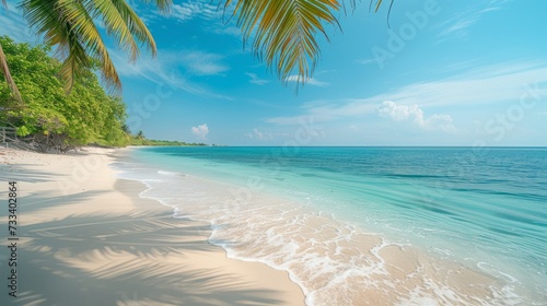 A serene beach scene, with palm trees swaying in the breeze and turquoise waters lapping at the shore