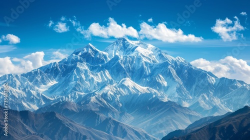 A majestic mountain range, with snow-capped peaks towering against a backdrop of clear blue skies